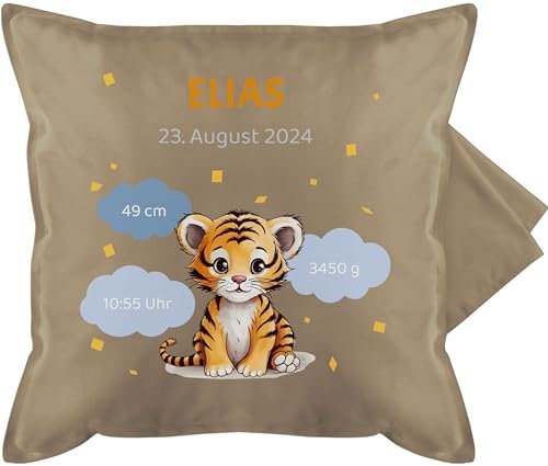 Kissenbezug - Geschenk personalisiert mit Geburtsdaten I Geschenke zur Geburt Daten - 50 x 50 cm - Beige Natur - Kissen Baby geburtskissen Geburtsgeschenk Namen, uhrzeit, kissenhülle