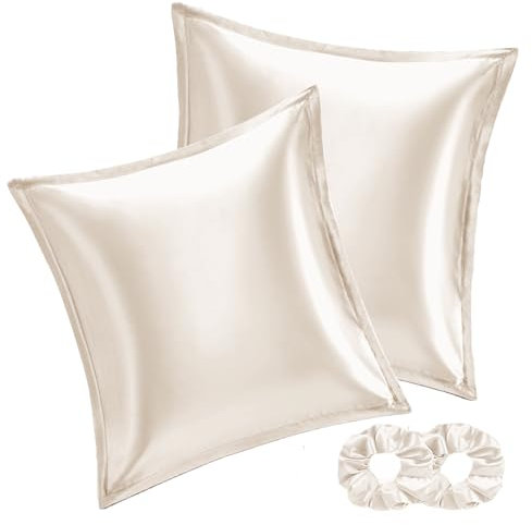 Vielit 2er Set Satin Kissenbezug 80x80 Beige, Weich wie Seidenkissenbezug 80x80,Bessere Pflege als Silk Pillosecase,Satin Kopfkissenbezug 80x80 Kissenhüll für Haar und Haut mit 2 Haargummis