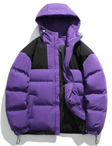 Mens Winter Jacket Mens Casual Colour Match Puffer Jacket Mens Set Personality Down Jacket Mens Winter Classic College Jacket All-Match D-Purple XXL