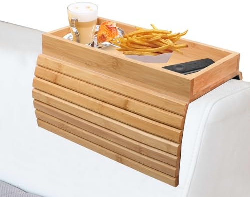Granvoo Bandeja de Brazo para Sofá de Bambu, Bandeja para Reposabrazos de Sofá Plegable y Flexible, Reposabrazos de Sofá Antideslizante con Soporte para Tazas
