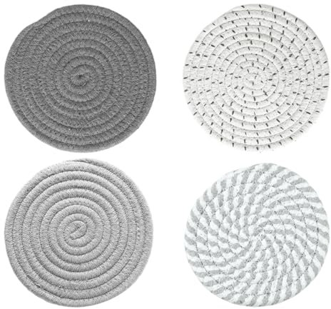 Lot de 4 sous-verres - Tapis en tissu de fil de coton - Plateau de pot chaud rond - Support de pot chaud absorbant - Tapis de table rond - Dessous de verre tissé à la main