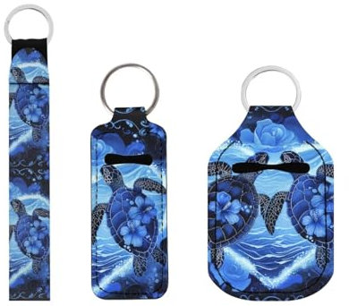 Suobstales 3-teiliges Reiseflaschen-Schlüsselanhänger-Set, Reiseflaschenhüllen + Neopren-Chapstick-Halter + Schlüsselband, Schildkröten-Hibiskusblüte, Einheitsgröße