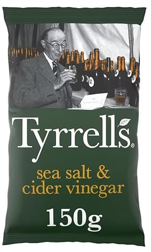 Tyrrells Sea Salted & Cider Vinegar Crisps 150G, never use artificial ingredients such as artificial flavours, colours or MSG, Suitable for vegetarians, Hand-cooked English crisps