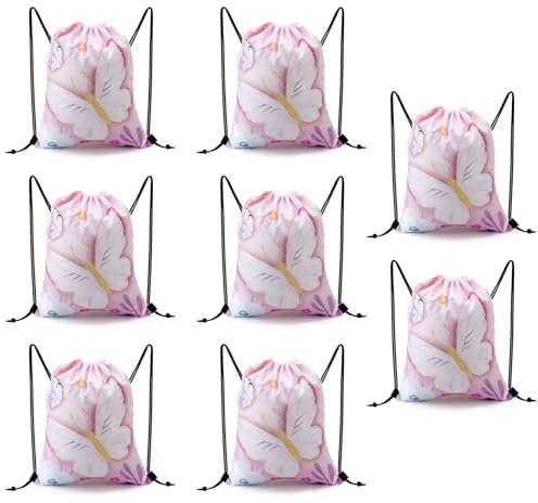 8 Stück Turnbeutel für Kinder, Rucksack mit Kordelzug für Kinder, Butterfly Kordelzug Rucksack, Verstellbar Sportrucksack, Schmetterling mitgebsel kindergeburtstag party, Sportbeutel für Mädchen