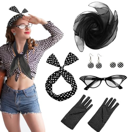 MUFEKUM Rockabilly Accessoires Damen, 50er Jahre Kleider Damen Zubehör mit Chiffon Schal Handschuhe Sonnenbrille Polka Dot Stirnband Ohrringe 50er 60er Jahre Outfit (Schwarz)