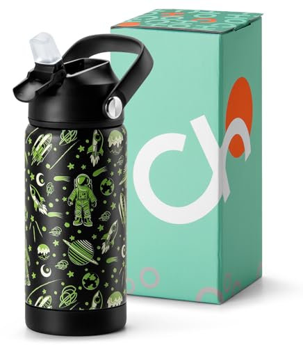 Choco Mocha Edelstahl Trinkflasche Kinder mit Strohhalm für Jungen Thermosflasche Kinder Auslaufsichere Trinkflasche Isolierte Wasserflasche für Schule BPA-frei 14 Oz/450mL,Schwarzer Weltraum