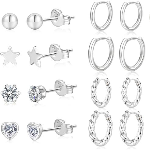 ABPBA 8paar Ohrringe Silber 925 Set für Damen Ohrstecker Silber 925 Hypoallergen Creolen Silber 925 Kleine mit Zirkonia kleine Schlaf-Ohrstecker für mehrere Piercings