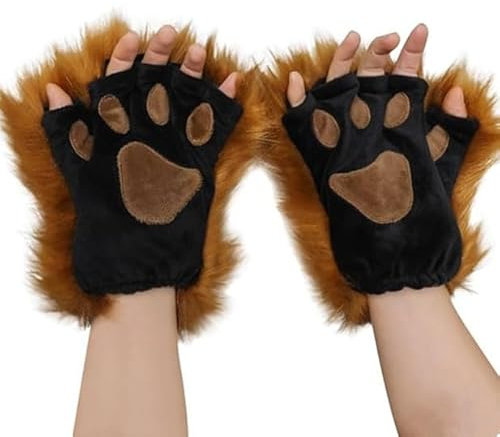 HKSICHENGKEJIUK Women Cat Paw Gloves Mittens Plush Warm Winter Wolf Paw Handwear Cute Fluffy Cartoon Half-Finger Gloves Fancy Dress Party Novelty Furry Cat Lion Cosplay Prop