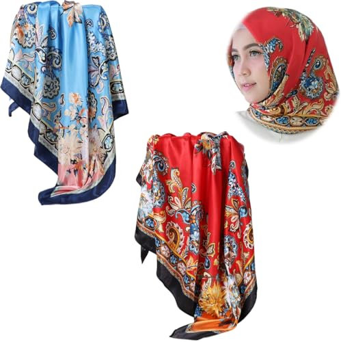 2 PCS 90x90cm Große quadratische Fleckschals für Damen Frauen Seidig wie Kopftuch Bandanas Haarschal Halstuc Schlafringe(rot und blau)