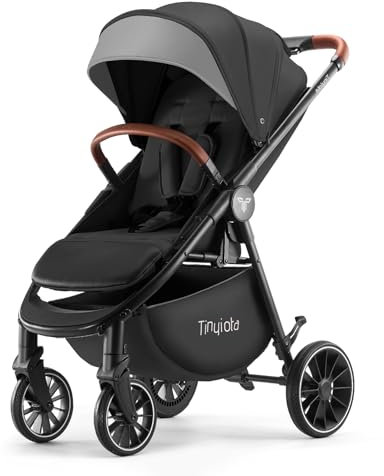 Tinyiota Luxus-Kinderwagen, Schwarz, mit großem UPF 50+ Baldachin, Ledergriff, geräumigem Sitz, einhändig faltbar, Kleinkind-Kinderwagen mit Lie-Flat