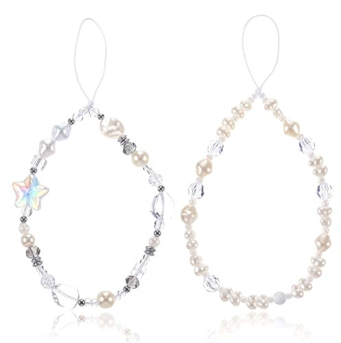 Grevosea 2 Pcs Beaded Phone Charm, Beaded Camera Wrist Strap Cute Phone Charms Strap Pearl Bracelet Wrist Strap Phone Keychain Heart Y2k Pearl Beaded Strap Phone Lanyard Wrist for Most Smartphones