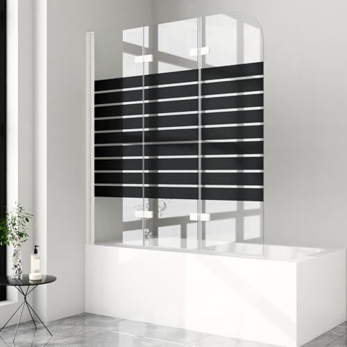 Duschwand für Badewanne 130x140cm 3-teilig Faltwand, Schwarz Gestreift 6mm ESG Glas Duschwand Badewannenaufsatz Duschtrennwand Duschabtrennung Badewanne, Weiß