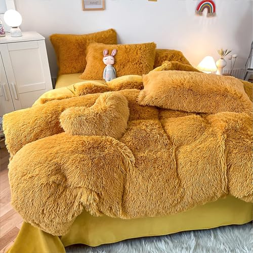 RCLONGEU Housse de Couette en Peluche 2 Taie d'oreiller Parure de Lit Polaire Flanelle Chaud Hiver - Linge de lit 2 Personnes Duveteux avec Fermeture Éclair (Jaune,220X240 cm-2.0m lit)