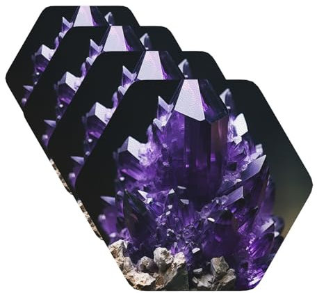 Violette Amethyst-Untersetzer für Getränke, 4 Stück, Leder-Getränkeuntersetzer für Tischschutz, hitzebeständige Bar-Untersetzer, sechseckige Tassenmatte, niedlicher Tassen-Untersetzer für