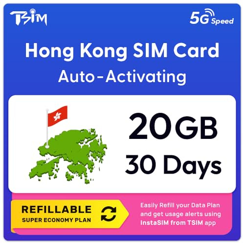 Hongkong SIM-Karte | 20GB Super Economy Nachlade-Tarif! Automatische Aktivierung, 30 Tage Gültigkeit | 5G-Geschwindigkeit + Hotspot | Nur Daten, Keine Telefonnummer