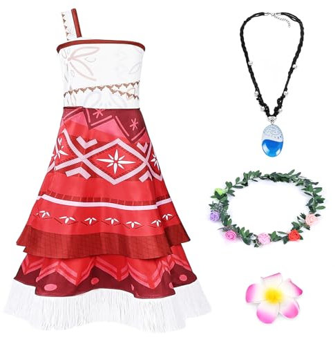 AUYAO Déguisement Moana Fille - Robe Vaiana Enfant avec Accessoires Collier pour Halloween, Noël, Carnaval, Fête, Soirée