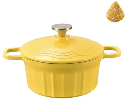 Cocotte en fonte d'aluminium émaillée - Conduction thermique à 360° : passe au four - Antiadhésive - Pour tous les types de plaques de cuisson - Idéal pour la cuisson du pain, le ragoût (jaune, 20 cm)