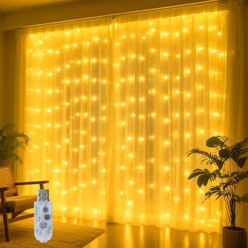 Aurevita Vorhanglichter 300 LEDs, Weihnachts Lichtervorhang Warmweiß mit Timer und 8 Modi, 5V/2A USB Lichterkette für Schlafzimmer, Wand, Party & Weihnachtsdeko Innen (ohne Fernbedienung)