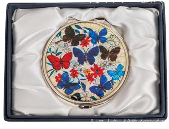February Mountain Elegant Butterfly and Floral Mother of Pearl Compact Mirror, Dual Magnification (1X & 2.5X) – Lightweight Travel Makeup Mirror in Gift Box (Blue Wings)
