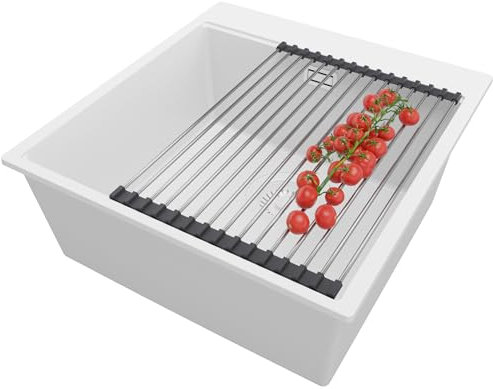 PRIMAGRAN Lavello da Cucina Bianco 48x50cm, Lavandino da Cucina a 1 vasca + Sifone Classico + Scolapasta avvolgibile, Lavabo da Cucina Incasso al mobile 50cm - Oslo
