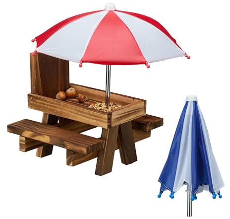 Relaxdays Eichhörnchen Tisch, Holz, Eichhörnchenbank mit 2 Schirmen, Eichhörnchen-Picknicktisch zum Hängen, Dunkelbraun