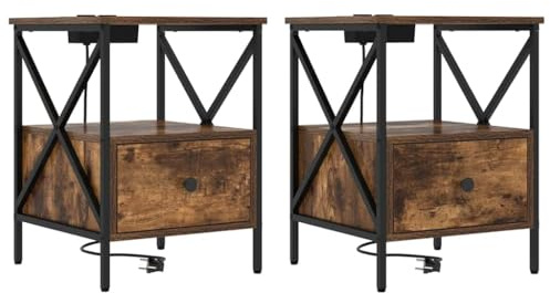 vidaXL Set of 2 Bedside Tables in Smoked Oak, Laminate Wood, Dimensions: 41.5 x 40.5 x 55 cm, Metal Frame, Drawer and Charging Station, Textured Surface, Easy Clean Interior, Ideal