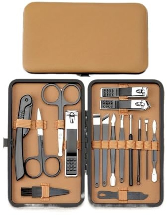 7/16/18-teiliges Maniküre-Set, Edelstahl, professionelles Pediküre-Set, Nagelpflegeset, Nagelpflegeset, Nagelknipser-Set mit schwarzem PU-Lederetui (16 Stück, schwarz-braun)