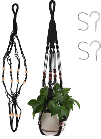 PEIZHIYC 1 Stück Hängeblumentöpfe Makramee Blumenampel Hängende Blumentöpfe für Innen, 90cm Boho Deko Baumwollseil Hängekorb mit 2 x Haken, für Innen/Außen Garten Wohnzimmer Balkon (2 PCS, Schwarz)