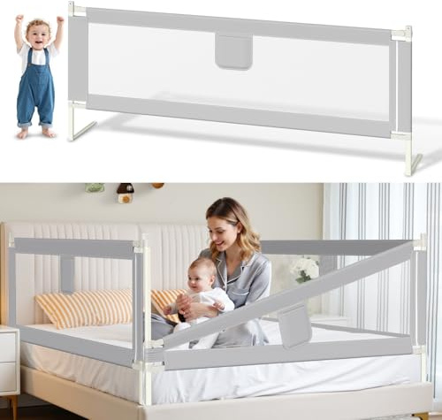 Vkechh Barrera de Cama para Niños 180 cm, Barandilla de Seguridad Abatible con Altura Regulable 64-96 cm, Protección Anticaídas con Doble Botón y Malla Transpirable, fácil Montaje, Gris