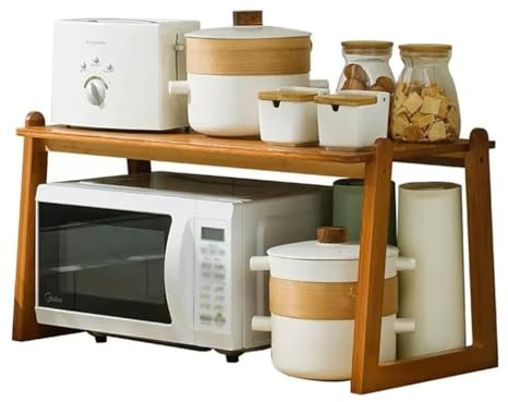 2-Tier Heavy-Duty Eco-Friendly Bamboo Microwave Oven Rack & Toaster Shelf – Japanese Style Kitchen Countertop (70x35x40cm)