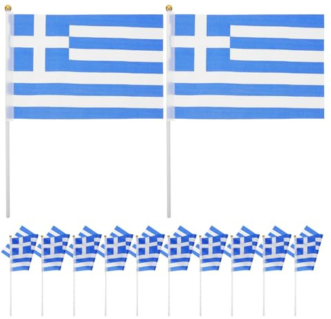 Ciieeo 100pcs Mini Greece Handheld Flags on Sticks Small National Flags for Greek Themed Party Decorations Festival and Sports Events