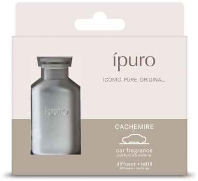ipuro Classic Autoduft Clip Set Silber + Cachemire Refill - Auto Lufterfrischer mit Rose Johannisbeere Zedernholz & Amber Duft - Autodiffusor für Lüftungsschlitze wiederverwendbar & austauschbar
