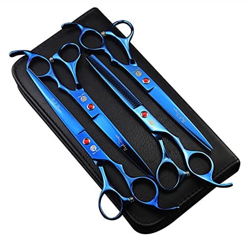 Purple Dragon Professionelles 7,0 Zoll 4PCS Pet Grooming Schere Kit Premium-Stahll Gerade & Gebogene & Ausdünnende Klinge Hundehaarschneideschere Set mit Etui (Blau)