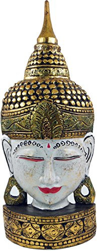 GURU SHOP Stehende Buddha Maske, Thai Buddha Statue - Weiß/Gold, 61x24x10 cm, Buddhas
