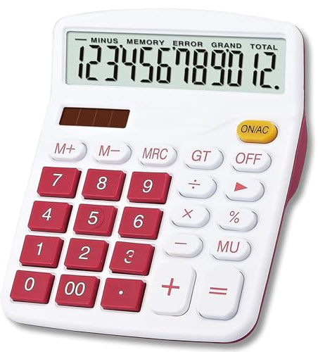 Meichoon Taschenrechner Solarbatterie Dual Power 12-stellige Anzeige rot | Display Financial Dedicated Große Standardfunktion Desktop Business Rechner für Büro/Zuhause/Schule KA08 Rot