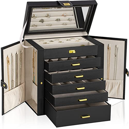 AKOZLIN Riesige Schmuckschatulle, Organizer, funktional, extra groß, Leder, Schmuck-Aufbewahrungsbox für Damen, Mädchen, Ringe, Halsketten, Ohrringe, Armbänder, Organizer mit Spiegel, schwarz