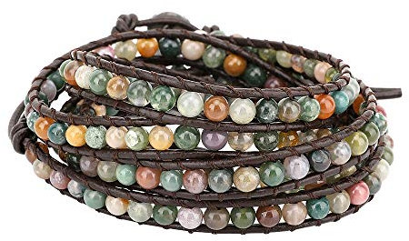 Emibele Lederarmband, Achat Perlen Wrap Armband mit Edelstahlschnalle, Handgefertigtes Handgelenk Gewebte Gewinde Accessory für Damen Frauen & Mädchen - Grün