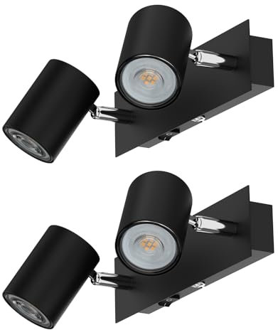 ledscom.de 2 Stück Wandspot WAIKA, zweiflammig, mit Schalter, schwarz matt, inkl. GU10 LED Lampen je 510lm warmweiß