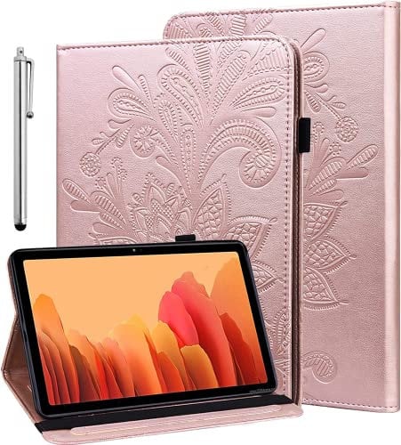 GLANDOTU Case for Huawei Mediapad T5 (T5 10) 10.1 inch Tablet Case Lightweight Folio Flip Wallet Lace Embossed PU Leather Cover with Fold Stand Function + Protective film & Stylus pen -Rose Gold