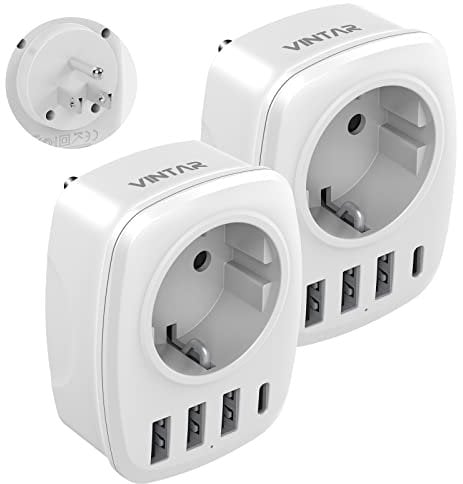 2PC Reiseadapter USA, VINTAR Aadapter Deutschland Stecker 5 in 1 Steckdosenadapter Reisestecker Stromadapter mit 3 USB A und 1 USB C, USA Adapter Steckdose für Amerika Kanada Mexiko Thailand, TypB