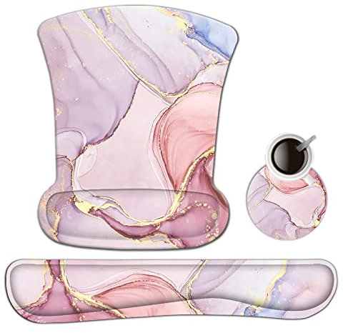 AIMSA Ergonomic Keyboard Wrist Rest and Mouse Pad with Wrist Support Set, Memory Foam Non-Slip Rubber Base, for Home, Office, Easy Typing, Pain Relief, Pink Purple Marble