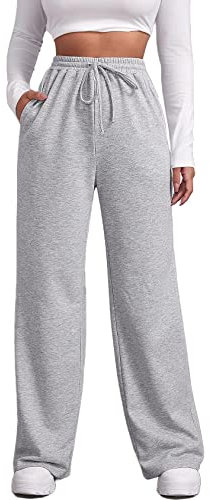 FACDIBY Pantaloni della tuta a gamba larga per le donne pantaloni larghi elastici a vita alta con coulisse con tasche, Grigio chiaro, S