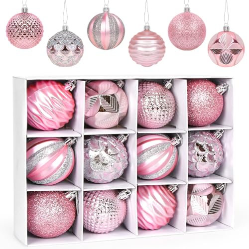 Aurasky 60mm/2.36 Christmas Balls Pink, 12 Pcs Shatterproof Christmas Tree Ornaments, Hanging Pendant for Xmas Holiday Wedding Party Decoration
