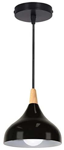 WOTTES Suspension Rétro Métal Industriel Suspension E27 Réglable Corde Bois Aluminium Abat-Jour Pour Salon Cuisine Salle À Manger Chambre (Ampoule Non Incluse) (le noir)