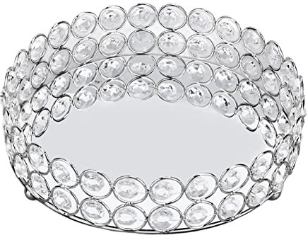 Bandeja de Maquillaje Cosmético de Cristal, Bandeja de Tocador de Cristal de 8 Pulgadas, Bandeja de Joyería de Maquillaje con Espejo, Bandeja de Perfume Cosmético, Bandeja Decorativa(Plata)
