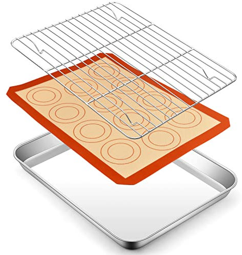 P&P CHEF 12.5 Inch Toaster Oven Pan Rack with Baking Mat Set (3 Pcs), 3-in-1 Baking Kit, Silver, Red, Brown, 12.5 x 9.7 x 1 inch