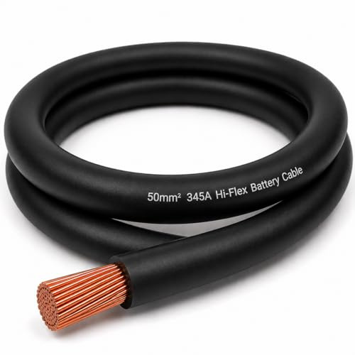 MKGT 345A Hi-Flex Battery Cable – 50mm2 0 Gauge Pure Copper Single Core PVC Welding Wire for 12V & 24V Automotive, Campervan, Solar, Inverter & Leisure Battery Systems (Black, 5 Meters)