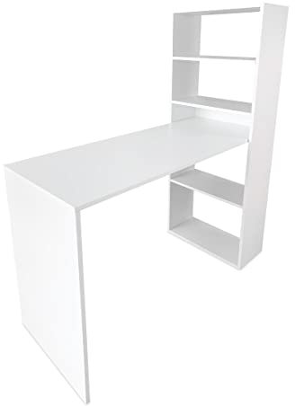Somnia Descanso - Mesa de Escritorio con Estantería, Mesas para Ordenador, Acabado en Blanco, Práctica y Funcional, Medidas: 122 cm (Ancho) x 53,2 cm (Fondo) x 140 cm (Alto)