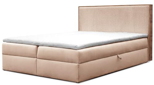 FURNISTAR Boxspringbett Forest mit Bettkästen und Topper Polsterbett Elegante Kopfstütze Bett mit Karomusterprägung Doppelbett mit Matratze Stauraum Schlafzimmer Schlafzimmermöbel (120x200 Aprikose)