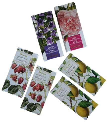 Andrea Stainer - Kit 6 tavolette di cioccolato da 50gr ai gusti di frutta e fiori - 1 fondente alla rosa, 1 fondente alla viola, 2 cioccolato bianco con limone, 2 cioccolato bianco con lampone